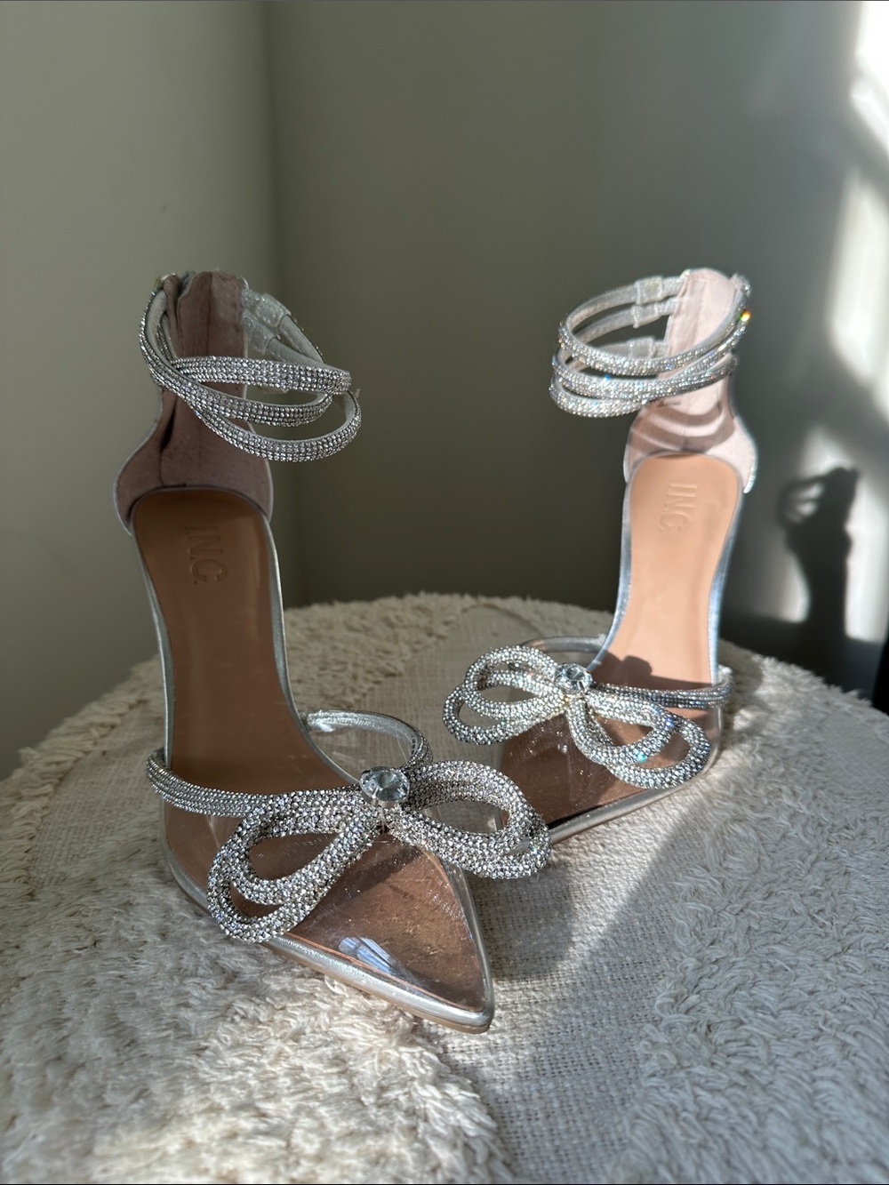 INC International Concepts Silver Rhinestone Bow Ankle-Strap Heels